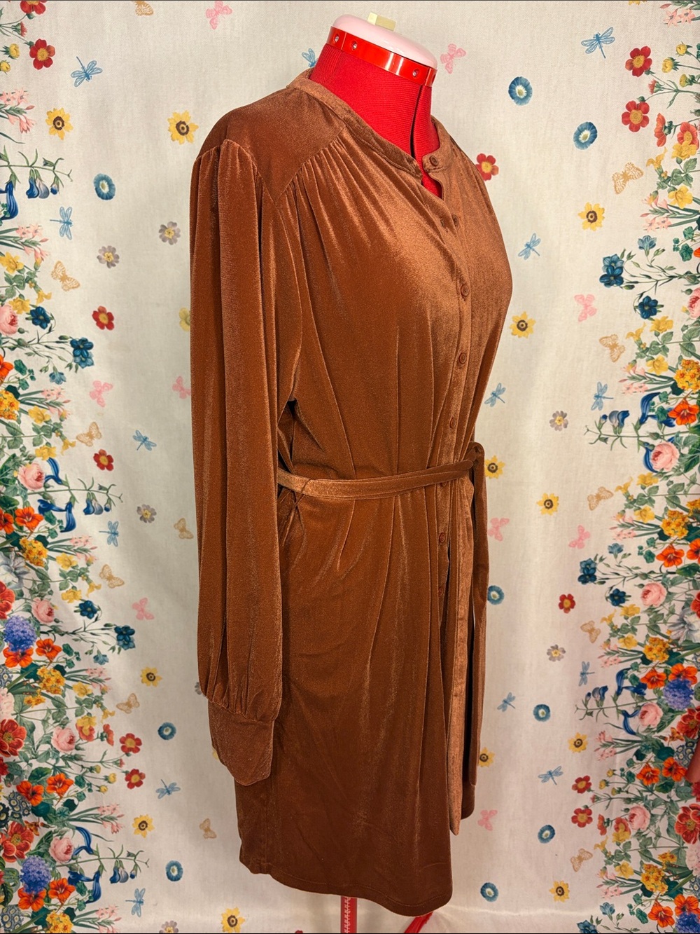 Time and Tru - NWT Copper Brown Velvet Button-Front Belted Dress Chic Classic - Picture 3 of 9
